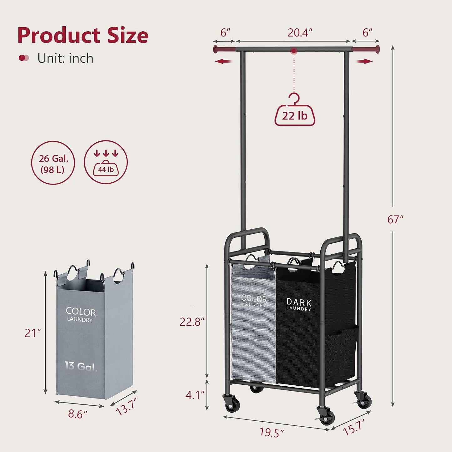 Laundry Cart with Hanging Rack, 65 Gal. Large Laundry Hamper, Beige | Rolling Laundry Cart with Hanging Bar with Removable Bag and Lockable Wheels, Separator Hamper Cart for Bedroom, Bathroom