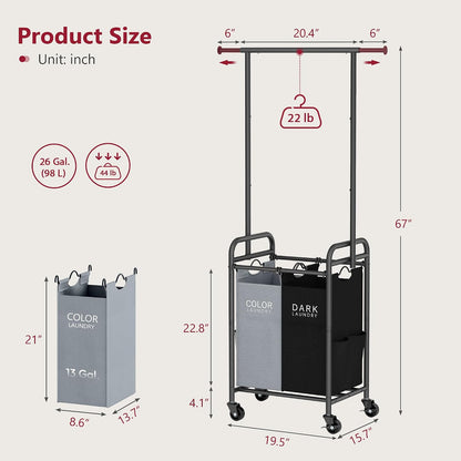 Laundry Cart with Hanging Rack, 65 Gal. Large Laundry Hamper, Beige | Rolling Laundry Cart with Hanging Bar with Removable Bag and Lockable Wheels, Separator Hamper Cart for Bedroom, Bathroom