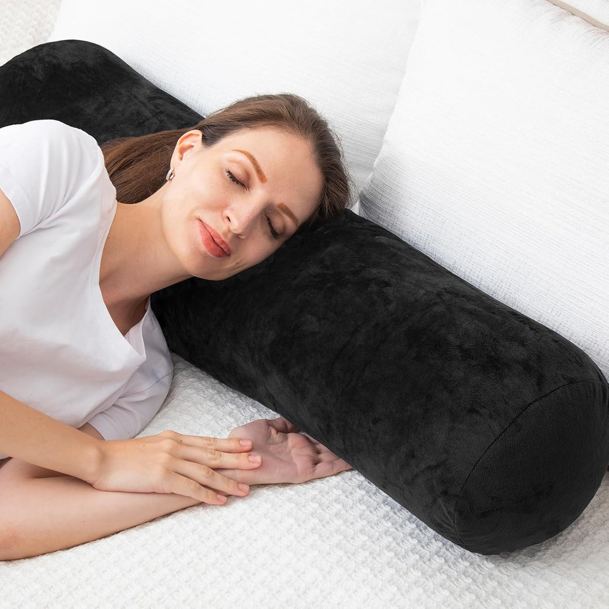 1 MIDDLE ONE Body Pillow for Adults, Bolster Pillow with Removable Velvet Cover, Long Round Cervical Roll Pillow, 35 x 7.87 Inches, Blue