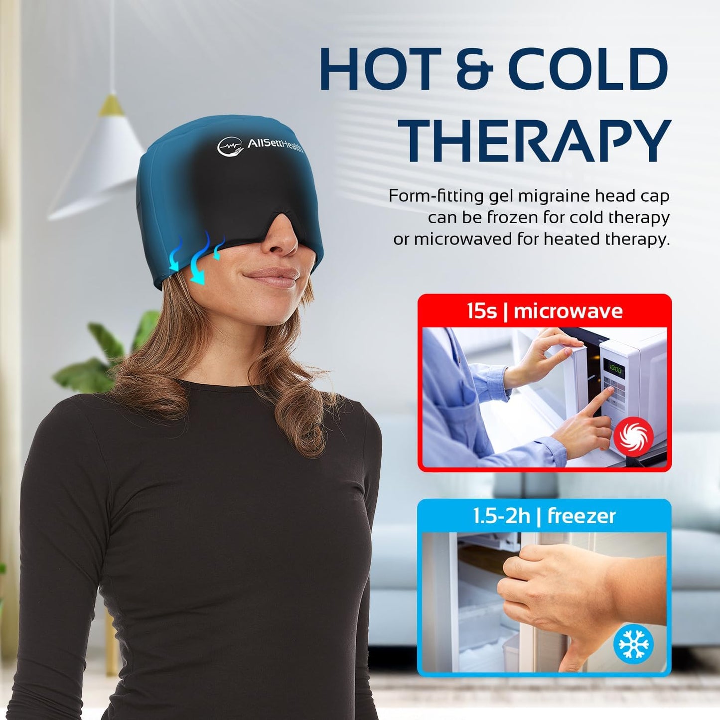 Migraine Relief Cap Ice Head Wrap and Hat | Hot/Cold Gel Pack with Face and Eye Mask Compress for Headache Relief - Black