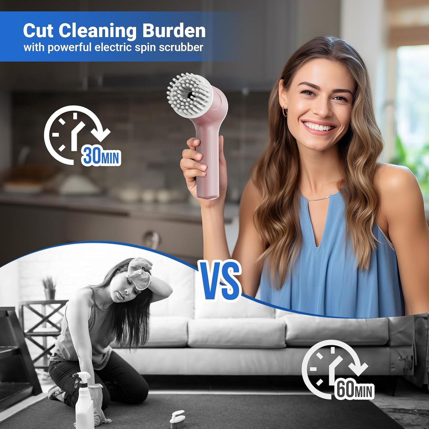 PUFTEM Electric Spin Scrubber, Cordless Shower Scrubber | Battery Level Display, Dual Speed, 6 Replaceable Brush Heads, IPX7 Waterproof, Long Runtime, Tub, Tile & Sink Cleaning