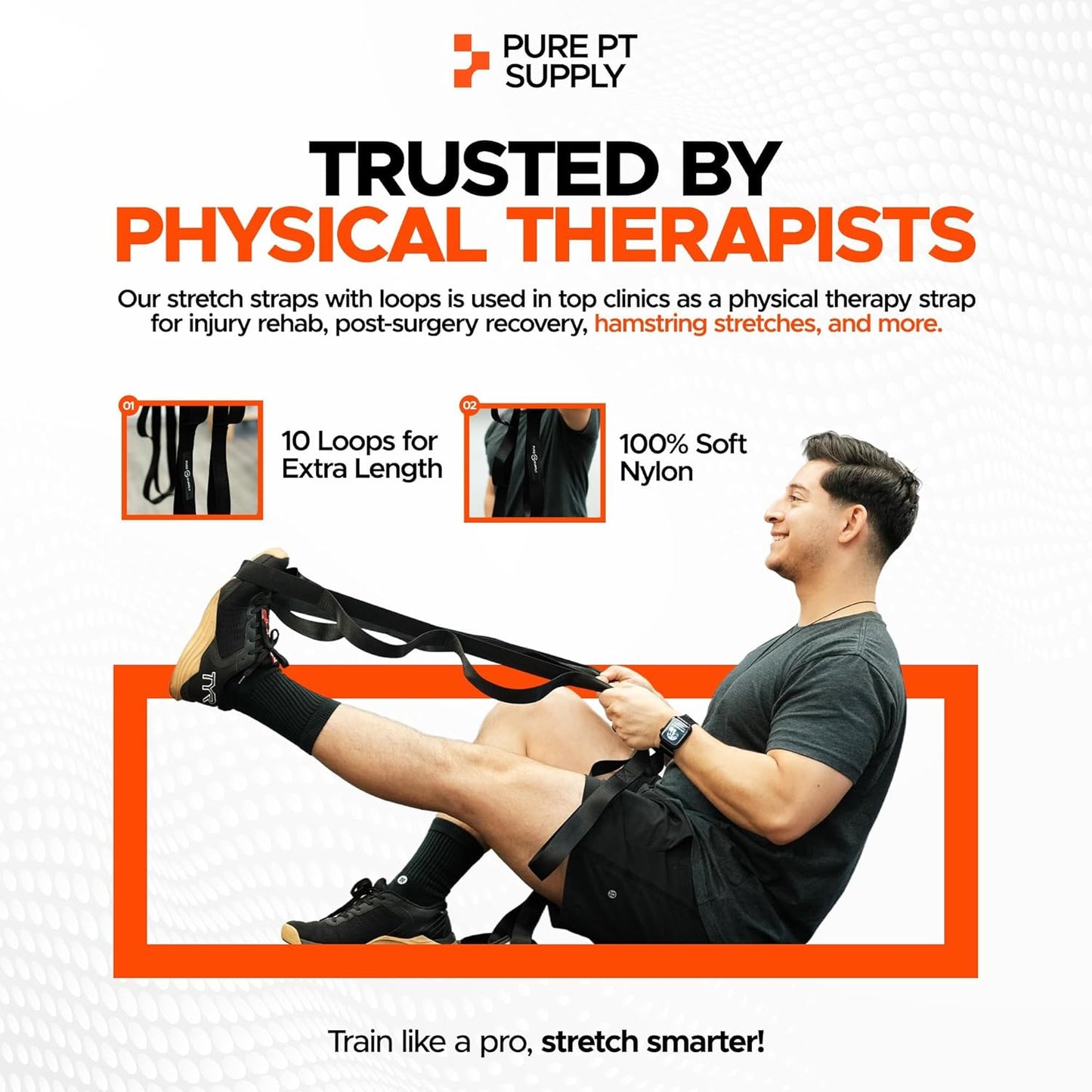 Pure PT Stretching Strap, 10 Loops, Non-Elastic Stretch Strap, Yoga Strap | Flexibility Training, Non-Elastic, Leg & Hamstring Stretcher, Rehab, Pilates, Home & Gym Use, Workout Guide Included