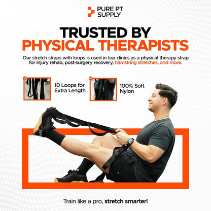 Pure PT Stretching Strap, 10 Loops, Non-Elastic Stretch Strap, Yoga Strap | Flexibility Training, Non-Elastic, Leg & Hamstring Stretcher, Rehab, Pilates, Home & Gym Use, Workout Guide Included