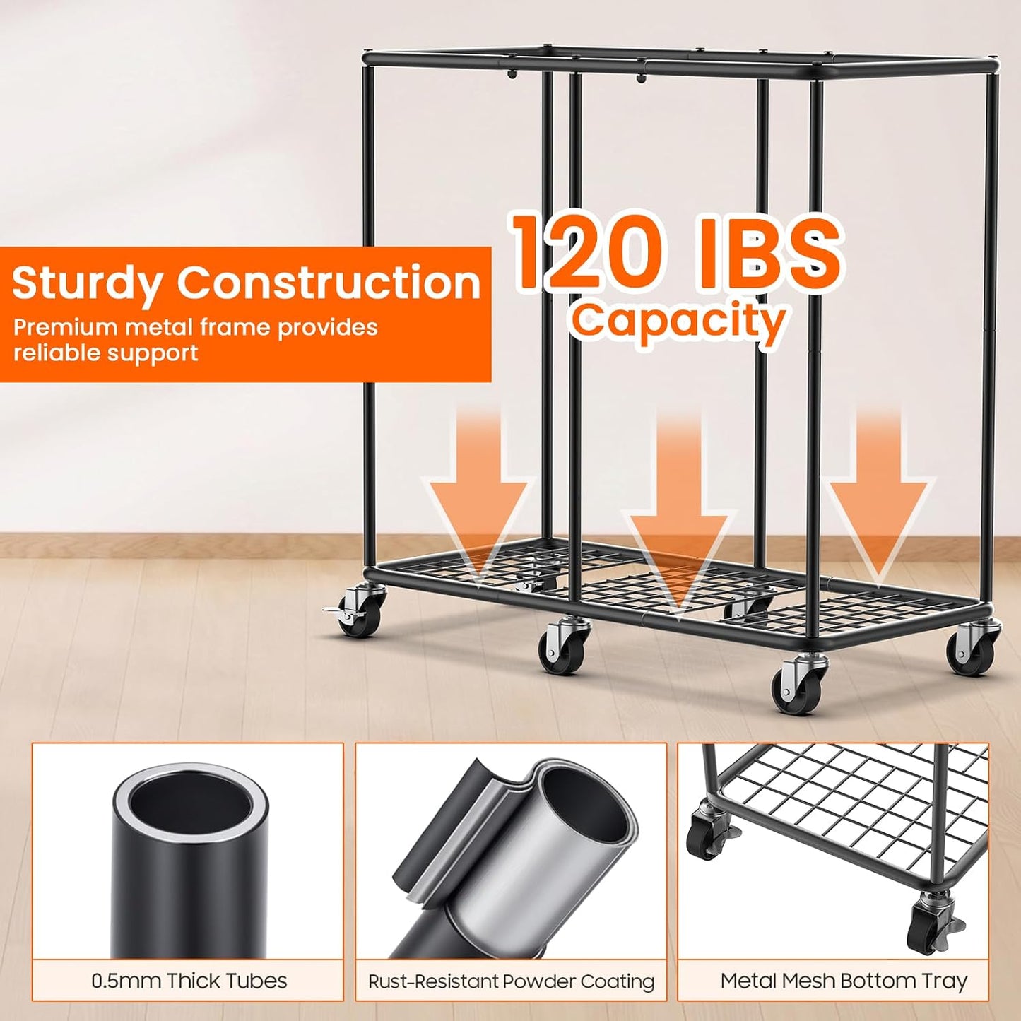 Laundry Hamper with Wheels, 150L Rolling Laundry Basket with Bag & Handles | Sturdy Metal Frame | Removable Bag | Large & Tall Dirty Clothes Hampers for Laundry Room, Bedroom, Dorm, Bathroom-Black