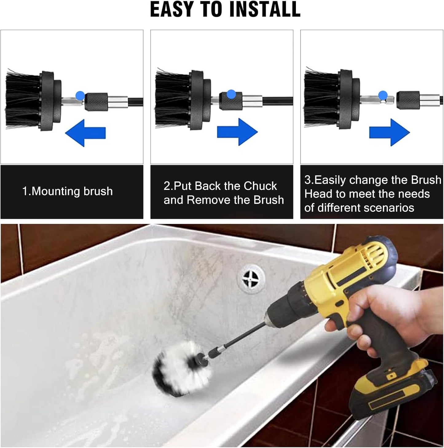 8 Pcs Drill Brush Attachment Set - Power Scrub Brush Kit | Brush Drill with Extend Long Attachmen - All Purpose Household Cleaning Brushes for Car, Grout, Floor, Tub, Bathroom