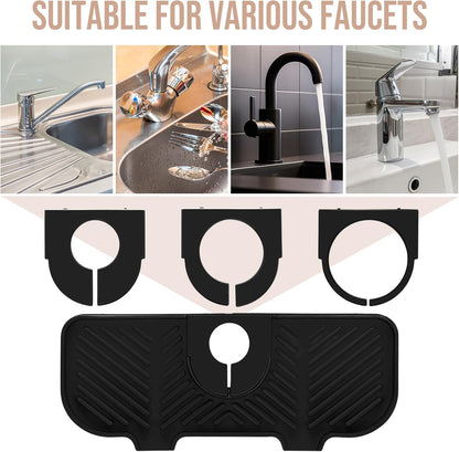 Teenyyou 2 Pcs Silicone Faucet Splash Guard 10.6 ” x 4.3” Kitchen Sink Splash Guard Faucet Mat for Kitchen Mat Catcher Black and Grey Sink Accessories for Bathroom