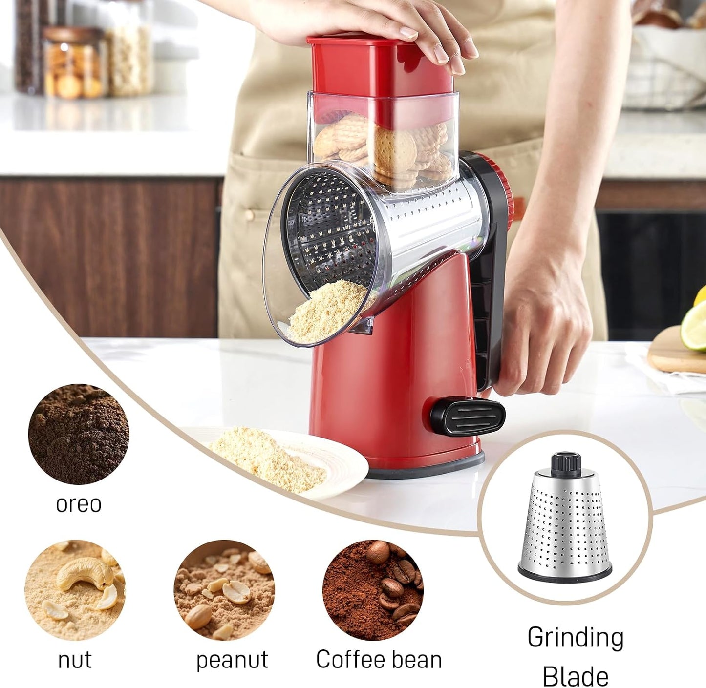 Weltonhm 4 in 1 Large Rotary Cheese Grater Hand Crank (black, 3 Graters) | Cheese Shredder Rotary and Slicer with 4 Stainless Steel Blades for Vegetables, Veggie and Cheese, Stronger Suction Base