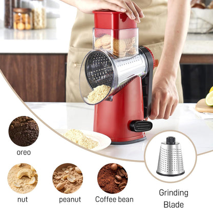 Weltonhm 4 in 1 Large Rotary Cheese Grater Hand Crank (black, 3 Graters) | Cheese Shredder Rotary and Slicer with 4 Stainless Steel Blades for Vegetables, Veggie and Cheese, Stronger Suction Base