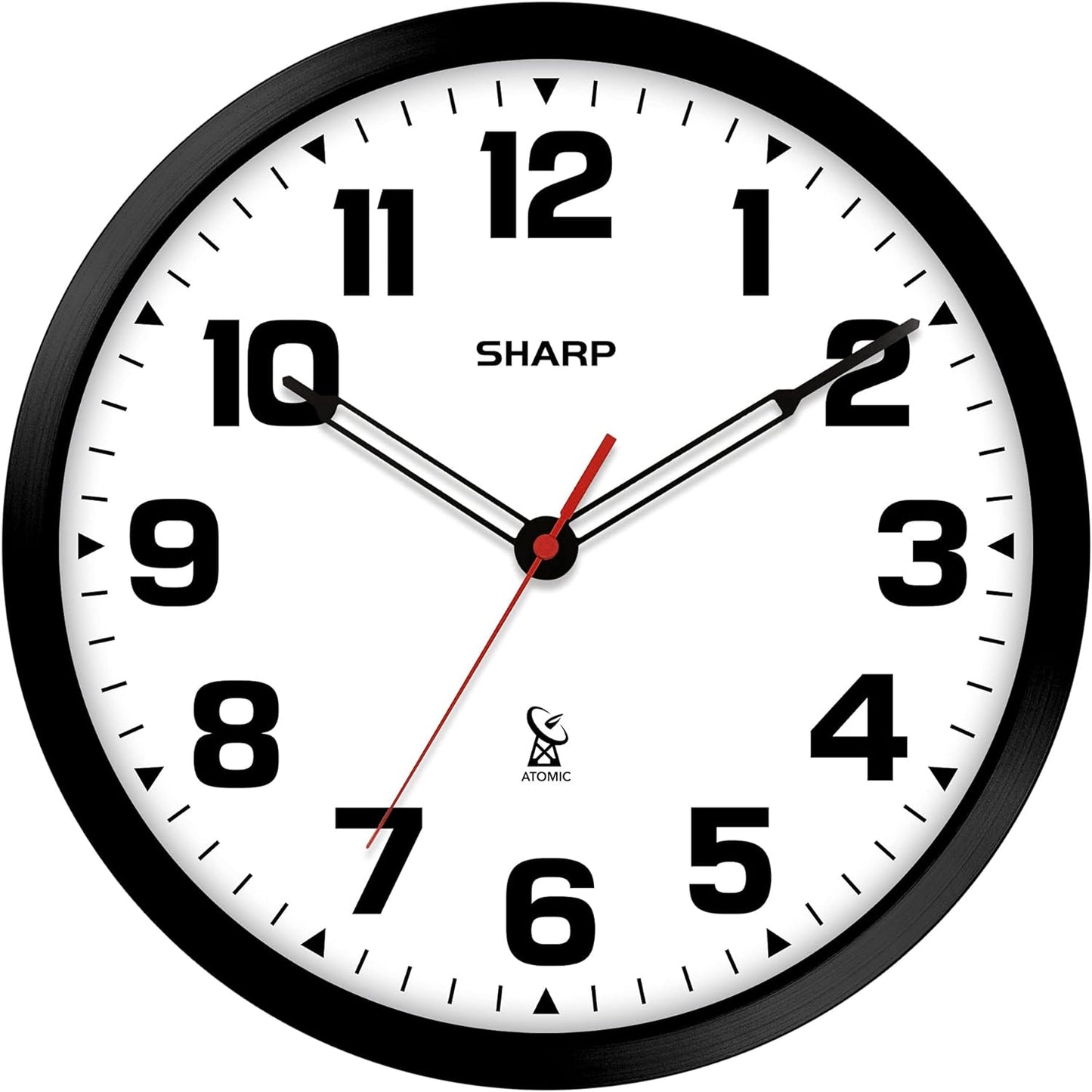Sharp 12-Inch Atomic Wall Clock, Battery Operated, White with Black Frame | Self-setting atomic time; Easy-read analog face; Automatic time adjustment; Simple setup; Versatile home or office style