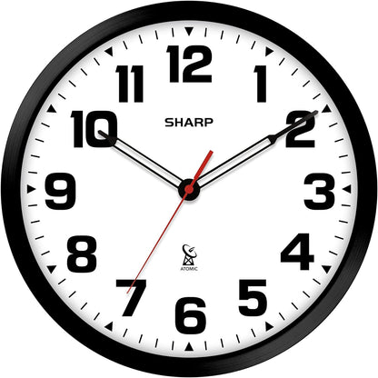 Sharp 12-Inch Atomic Wall Clock, Battery Operated, White with Black Frame | Self-setting atomic time; Easy-read analog face; Automatic time adjustment; Simple setup; Versatile home or office style
