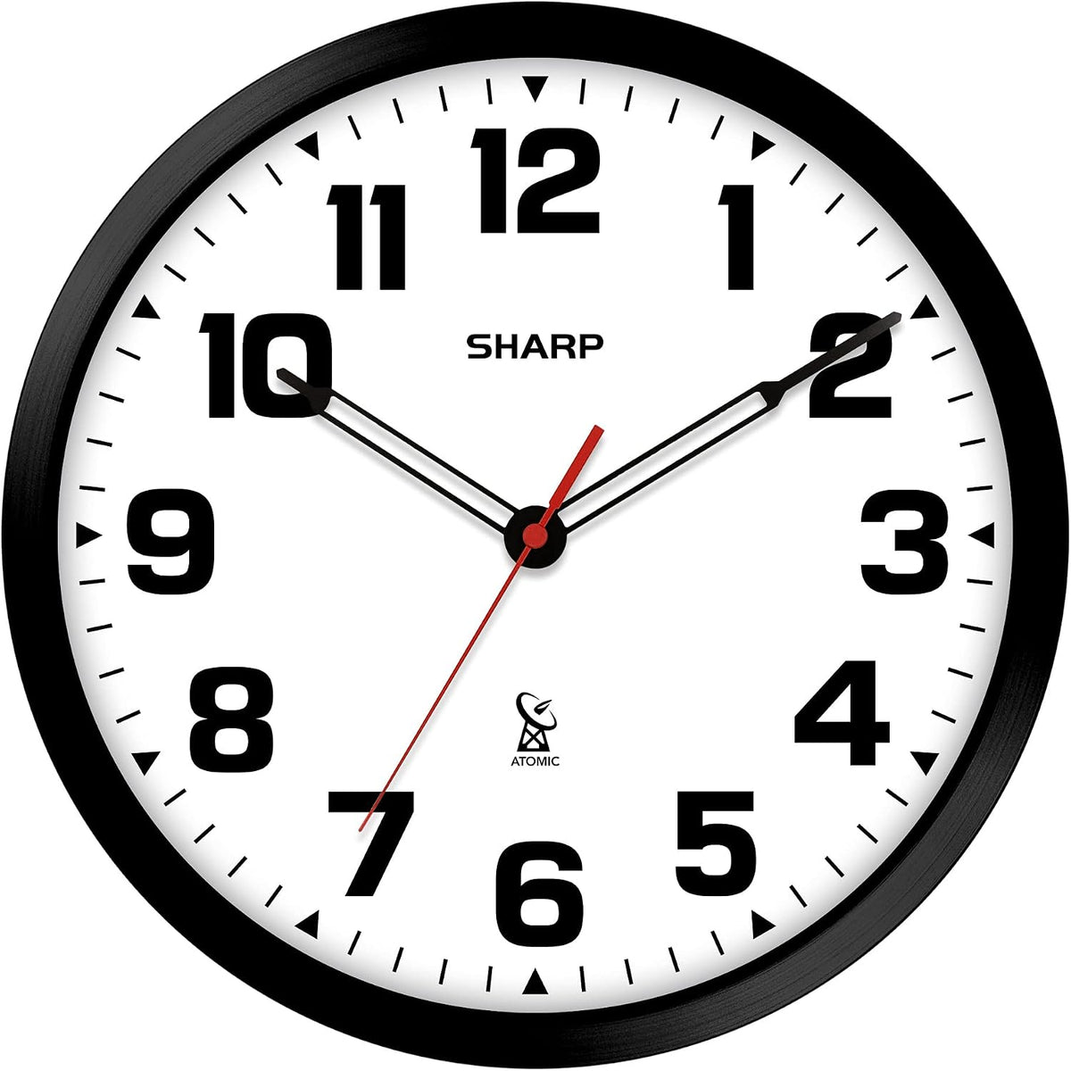 Sharp 12-Inch Atomic Wall Clock, Battery Operated, White with Black Frame