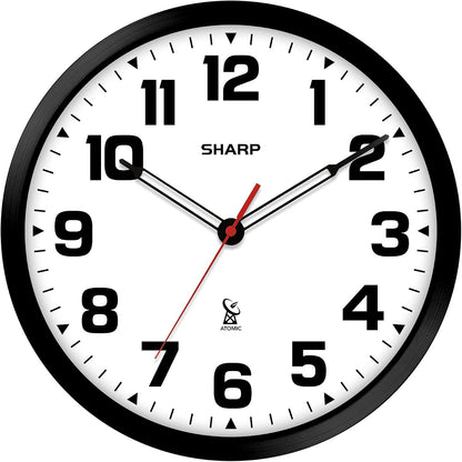 Sharp 12-Inch Atomic Wall Clock, Battery Operated, White with Black Frame