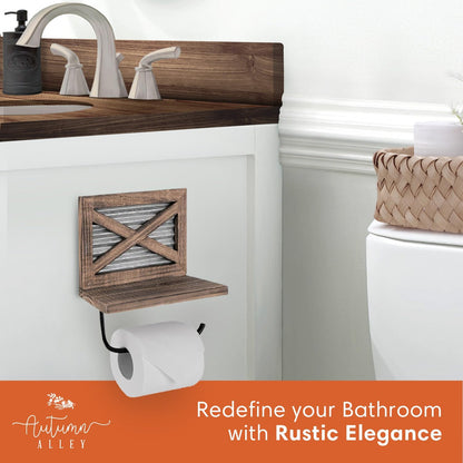 Autumn Alley Rustic Farmhouse Toilet Paper Holder with Shelf for Wipes - Rustic Farmhouse Bathroom Decor - Farmhouse Bathroom Accessories and Western Bathroom Decor Wall Mounted, Brown Wood