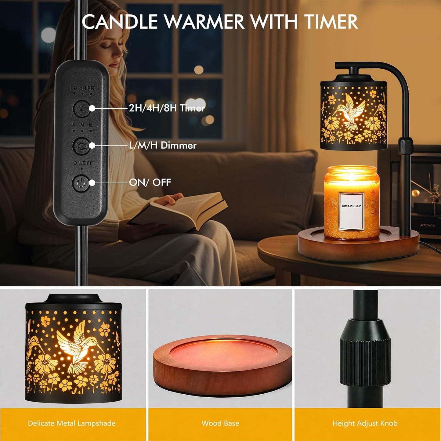 Candle Warmer Lamp with Timer & Dimmer- Electric Wax Melt Warmer with Adjustable Height for Scented Candles, Home Décor Fragrance and House Warming Birthday Gifts for Women Mom