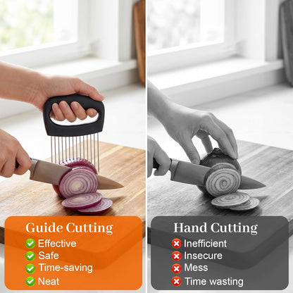 Onion Holder Stainless Steel Onion Slicer | Onion Cutter Vegetable Chopper Tomato Slicer Meat Tenderizer Tool Food Slicing Guide for Potato Avocados Egg Fruit Lemon