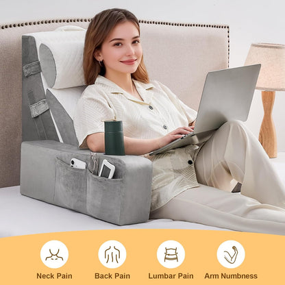 Reading Pillow for Sitting in Bed Adult, Back Pillow for Bed Sitting up with Arms, Pockets and Cup holder, Sit Up Backrest Pillows for Beds Chair Support, Rest Pillow for Gaming (Light gray)