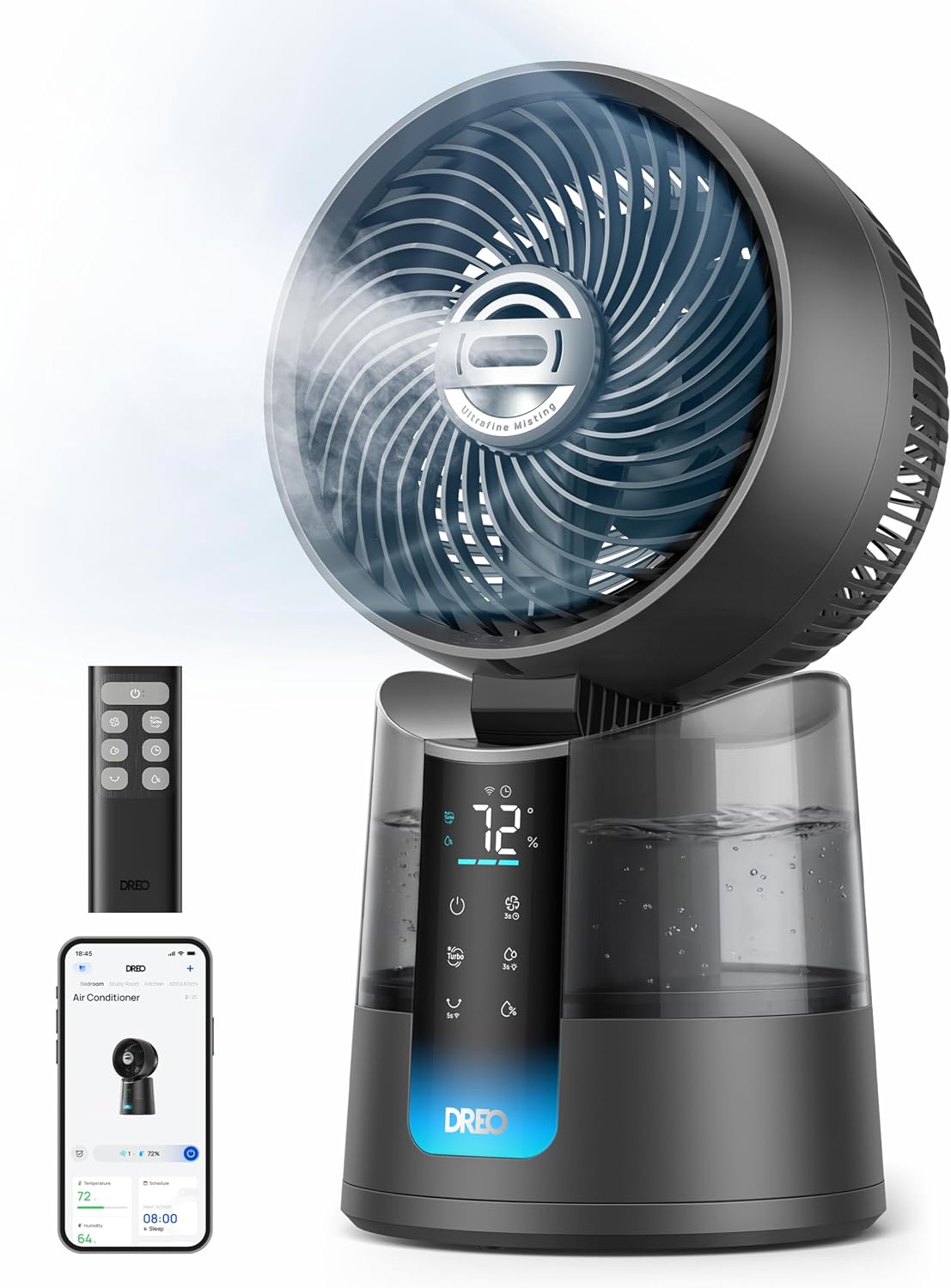 DREO TurboCool Misting Fan 516, 5℉ Drop Cooling Fans that Blow Cold Air | 150°+30° Omni-directional Oscillating, Evaporative air cooler, 26 ft/s Wind, Ultrafine Mist, 20dB, 6 Speeds 2 Modes, Grey