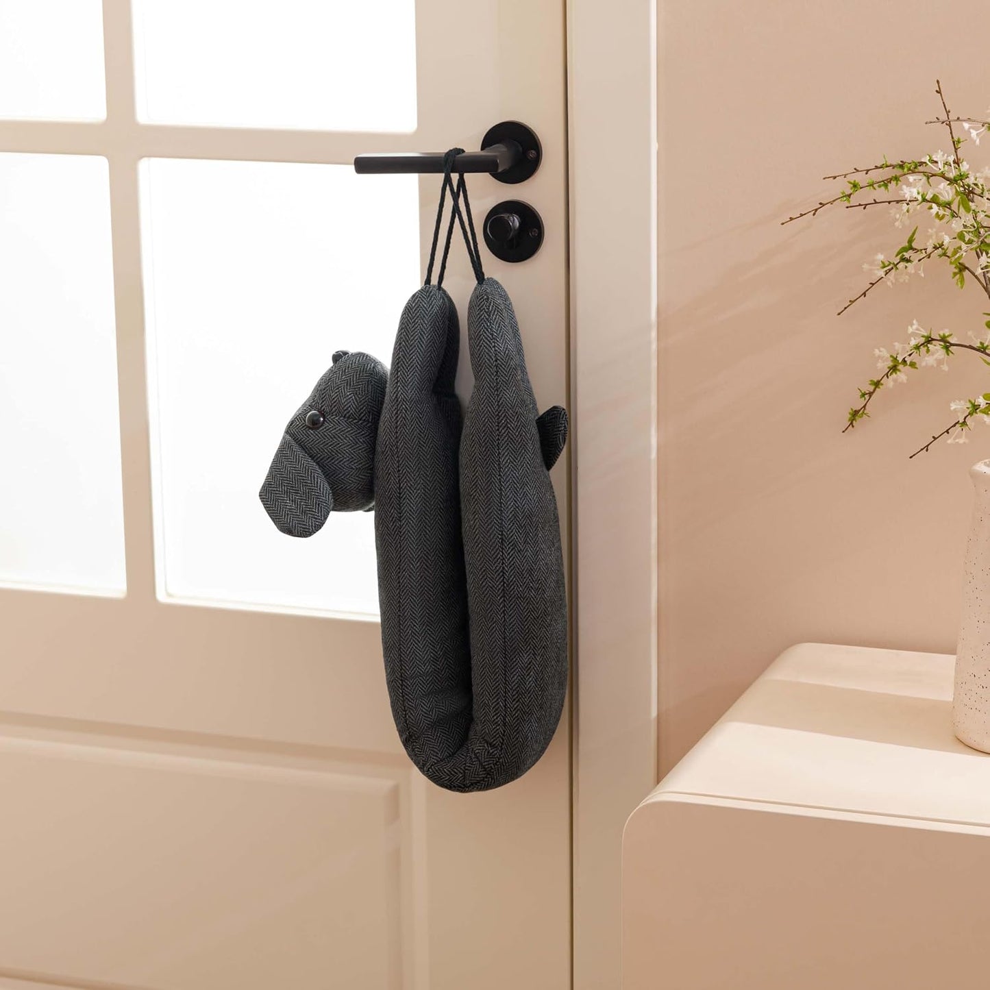 habibee Door Draft Stopper, Weighted Noise Blocker 38 in Coffee Dog | Robust Herringbone Fabric, Weighted Sandbags, Bouncy Cotton Filling, Blocks Light & Dust, Tool-free Setup, Animal Home Decor
