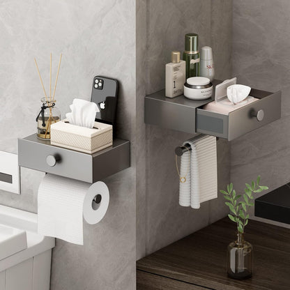 VOLDRA Toilet Paper Holder with Shelf Black Wipes Dispenser for Bathroom Toilet Paper Holder with Storage Upgrade Drawer Design Toilet Tissue Holder Adhesive Small Bathroom Shelf Wall Mount