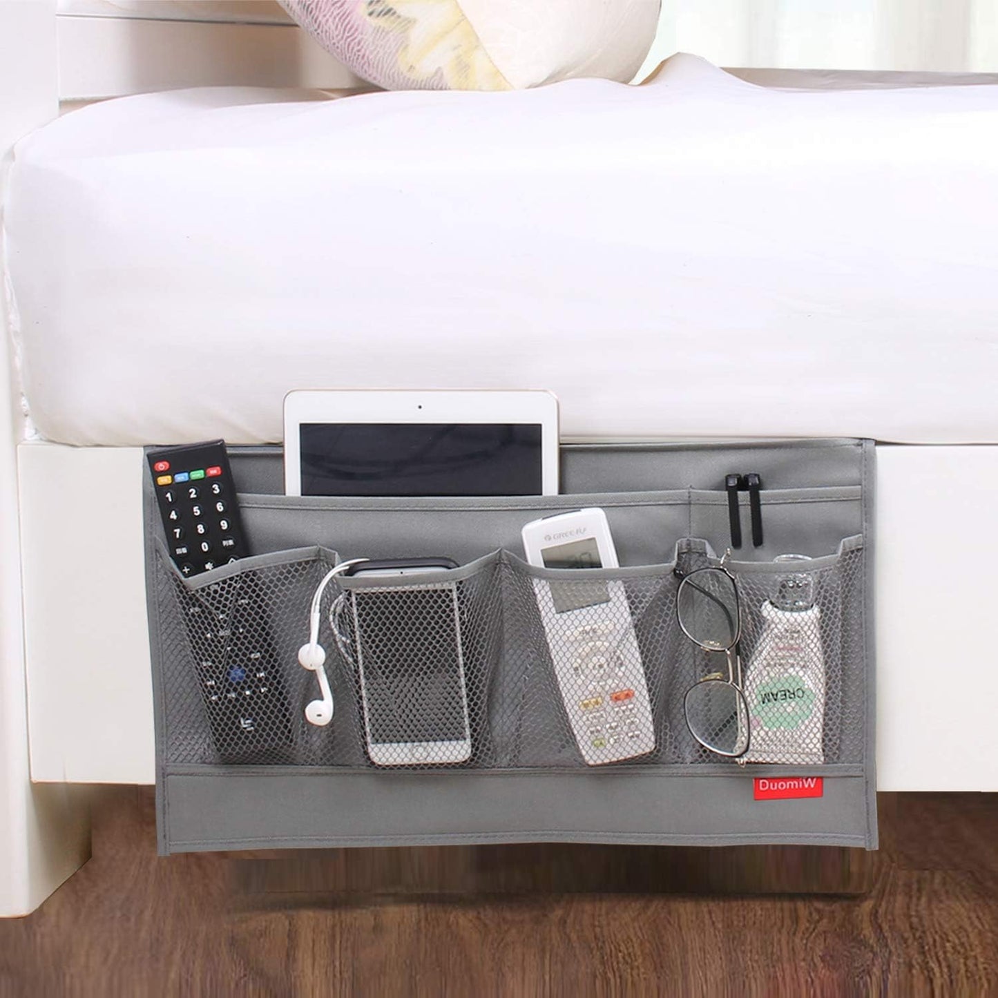 Bedside Storage Organizer, Bedside Caddy, Table Cabinet Storage Organizer, TV Remote Control, Phones, Magazines, Tablets, Accessories, Grey