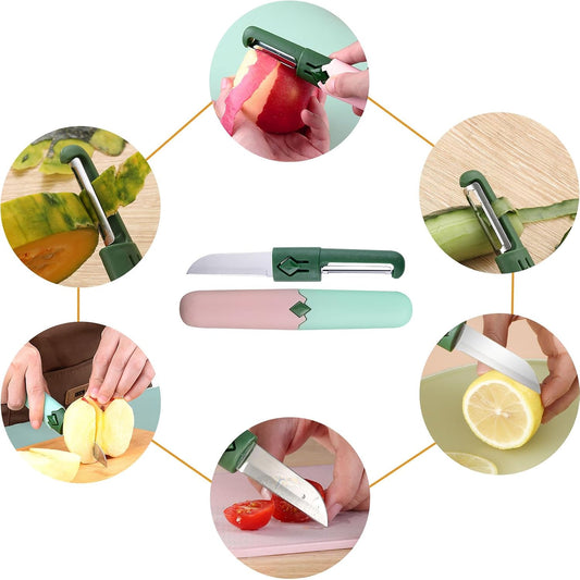 2 in 1 Paring Peeler Knife Multifunctional Stainless Steel Peeler,Creative Fruit and Vegetable Dual-Use Peeler Knife, Outdoor Portable Safety Cover Peeling Fruit Peeler, Kitchen gadgets (pink)