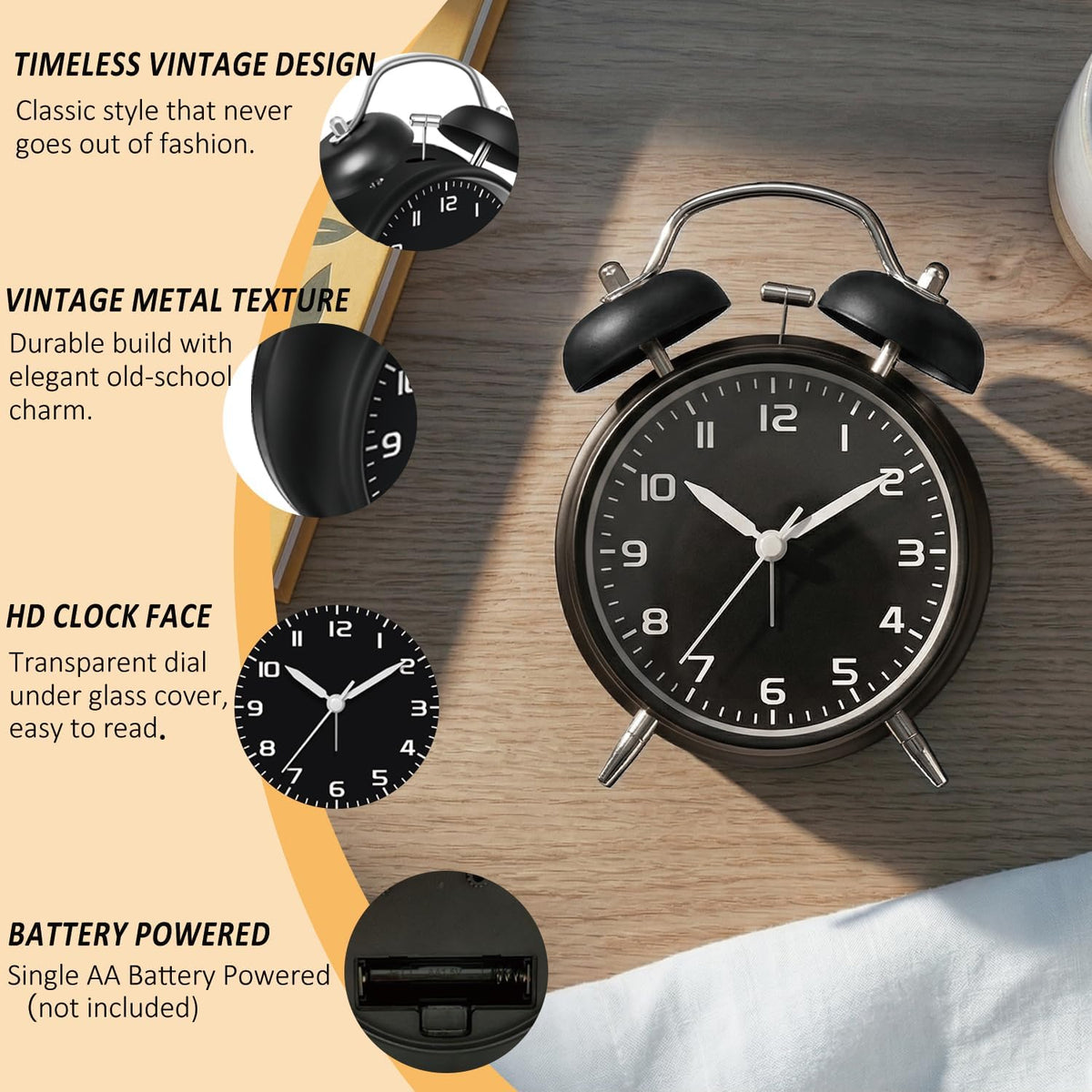 4.5" Metal Loud Alarm Clock for Heavy Sleepers Adults, Analog Battery Operated Alarm Clock with Bells Glow in Dark Numbers, Silent Old School Bedside Desk Clock for Bedroom Office Kids, Black