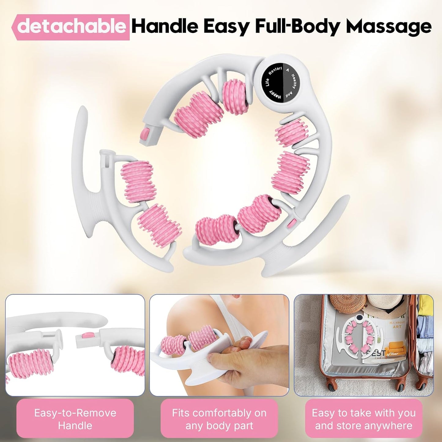 Anti-Cellulite Massage Roller with Handles for Legs & Thighs | Textured roller with detachable handles for legs, thighs and buttocks; compact design for easy storage.