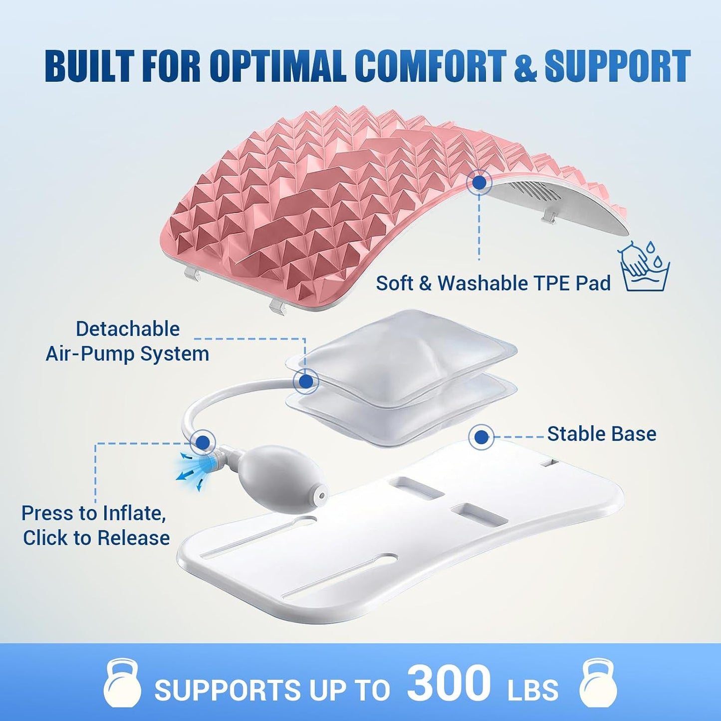 Back Stretcher for Back Pain, Adjustable Height & Soft Sponge Material | Lumbar Back Stretcher With Acupressure Points, Air Pump Adjustable Height, Spine Stretching Support, Scoliosis, Manual Includ