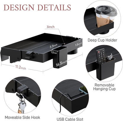 COLMO Folding Clip-On Bedside Shelf with Cup Holder, Black | Foldable Space-Saving, USB Cable Slot, Removable Hanging Cup, Moveable Side Hook, Dorm & Loft Bed Ready