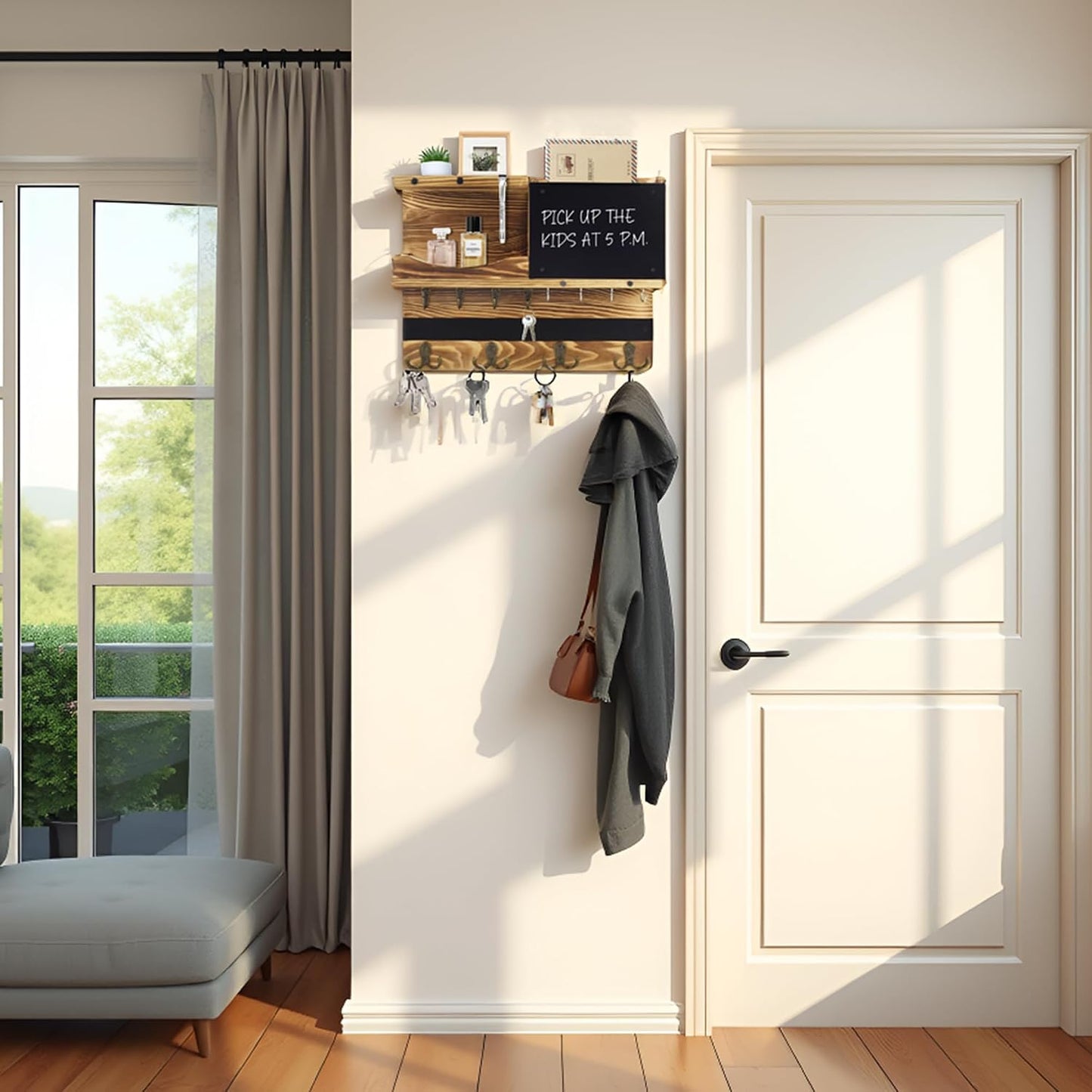 Key Holder for Wall Mount with Shelf and Mail Organizer, Key and Mail Holder with 16 Hooks, Farmhouse Entryway Organizer, Home Decor Rack (Pine Wood, White Washed)