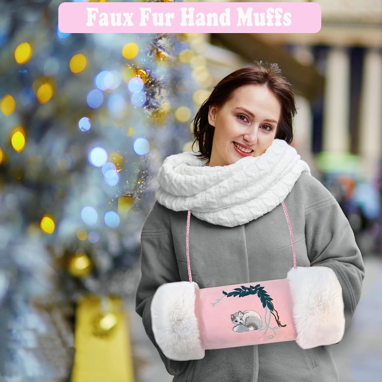 Faux Fur Hand Muffs for Women Girls, Portable Winter Hand Warmer Pouch with Pocket and Strap, Cute Pink Embroidery Pattern Hand Muffler for Cold Weather