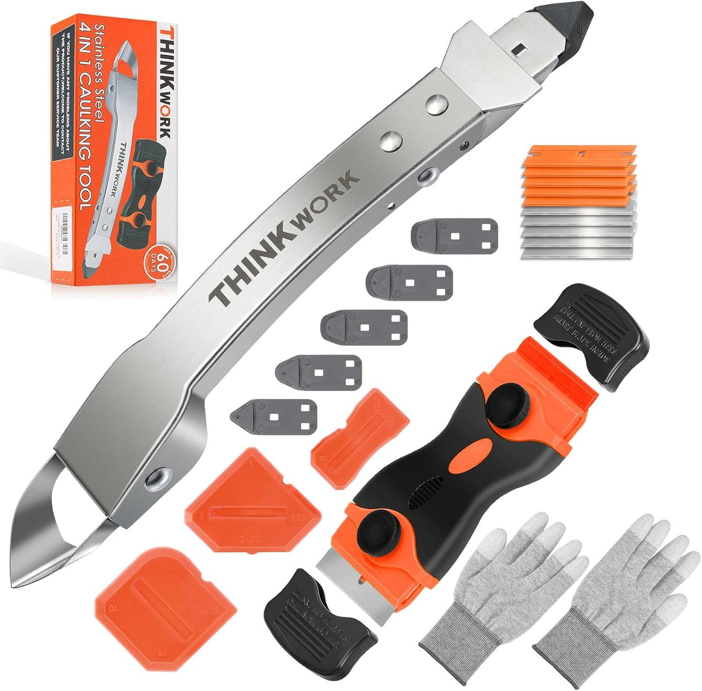 4 in 1 Silicone Caulking Tool Kit, Stainless Steel Caulk Remover Tool | Durable Construction, Quick & Easy to Use, 5 Replaceable Silicone Pads, Protective Gloves, Remove, Apply & Finish Caulk