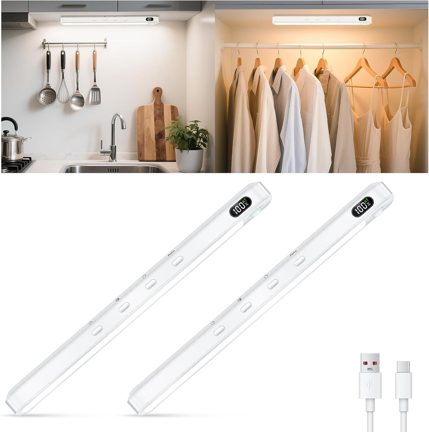 WILLED Under Cabinet & Closet Lights, Motion Sensor, Rechargeable, Magnetic, 3 Color Temps, Dimmable LED Light Bar for Indoor Kitchen Counter (4 Pack, White)