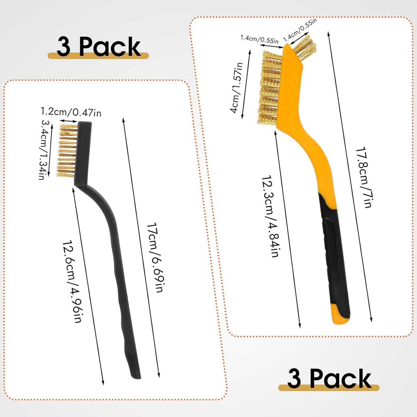 Wire Brush for Cleaning, Small Brass Steel Nylon Brush, Metal Rust Remover | 6 Pcs, Rust/Grease/Paint Removal on Metal/Wood/Grill, Curved Head for Tight Spots, with Hang Hole, Ergonomic Handle, 7 in