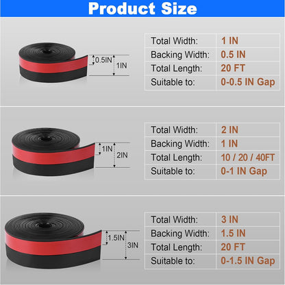 ToLanbbt Weather Stripping Silicone Door Seal Strip 2 in x 10 ft Door Draft Stopper Self Adhesive Tape, Side & Bottom Gaps Insulation Seal for Glass Shower Sliding Window, Black
