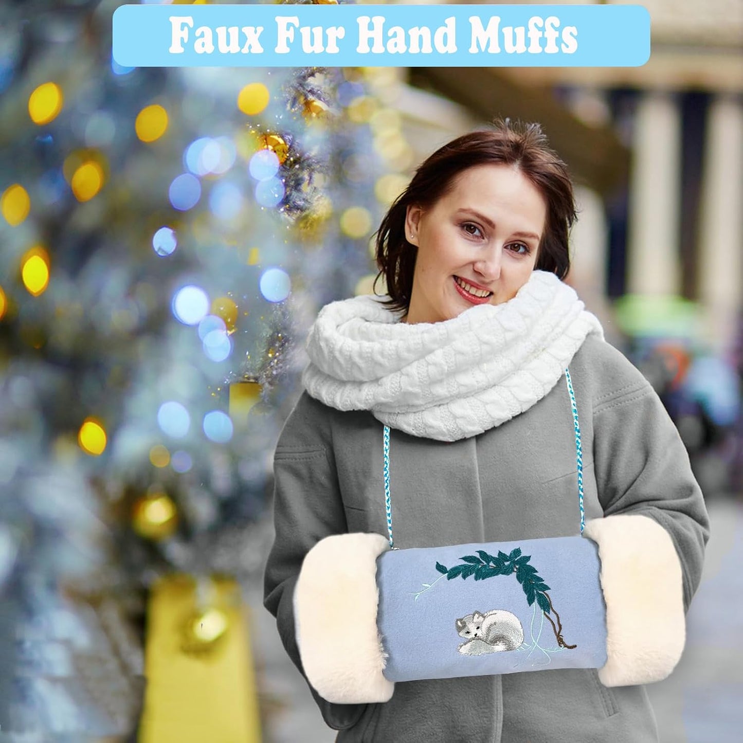 Faux Fur Hand Muffs, Portable Hand Warmer Pouch with Zipped Pocket Strap for Cold Weather, Cute Blue Embroidery Pattern Hand Muffler for Women Girls
