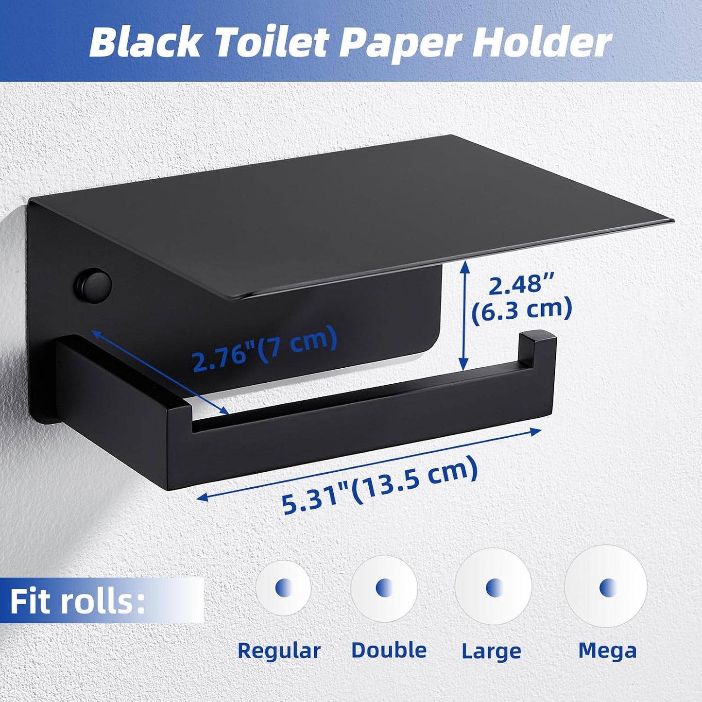 APLusee Matte Black Toilet Paper Holder with Storage Shelf, Wall Mounted | Rustproof 304 Stainless Steel, 2-in-1 Functional Toilet Paper and Phone Storage, Fits Bathroom, Restroom, Vanity, Kitchen