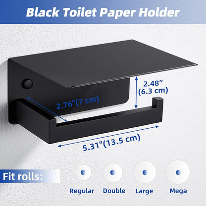 APLusee Matte Black Toilet Paper Holder with Storage Shelf, Wall Mounted | Rustproof 304 Stainless Steel, 2-in-1 Functional Toilet Paper and Phone Storage, Fits Bathroom, Restroom, Vanity, Kitchen