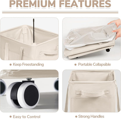CHICVITA 75L Large Rolling Laundry Basket with Wheels & Wash Bag, Grey | Collapsible design saves space for corner dorms. Removable wash bag for easy laundry transport