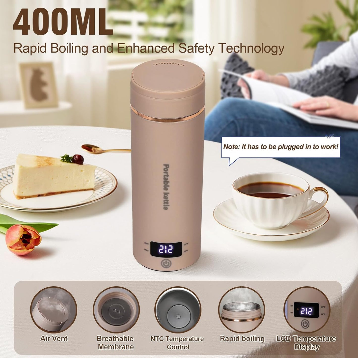 Touxila Portable Electric Kettle for Travel 120V, 13.5oz, 4 Temp Settings | 304 Stainless Steel Lining,Fast Boiling Water,Auto Shut-Off,Boil Dry Protection,Small Kettle for Office & Hotel(Beige, 400ML)