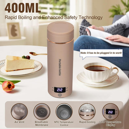 Touxila Portable Electric Kettle for Travel 120V, 13.5oz, 4 Temp Settings | 304 Stainless Steel Lining,Fast Boiling Water,Auto Shut-Off,Boil Dry Protection,Small Kettle for Office & Hotel(Beige, 400ML)