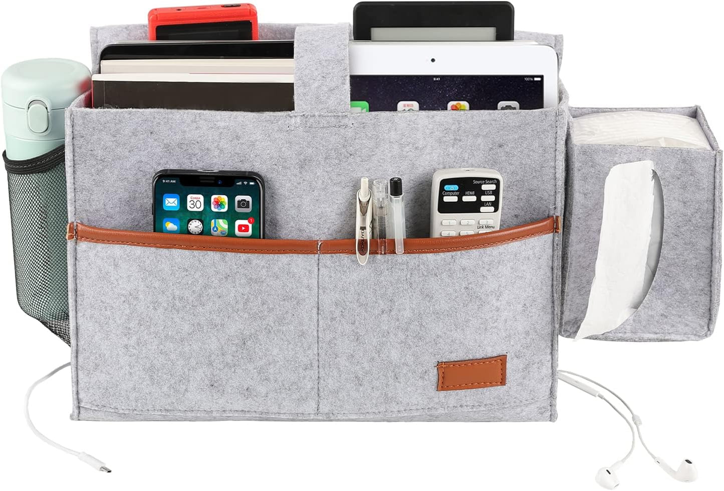 Surblue Bedside Caddy Felt Storage Organizer Hanging Bag with Tissue Box and Water Bottle Pocket for Mattress, Sofa, Bunk Bed, Dark Gray