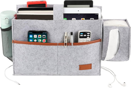 Surblue Bedside Caddy Felt Storage Organizer Hanging Bag with Tissue Box and Water Bottle Pocket for Mattress, Sofa, Bunk Bed, Dark Gray