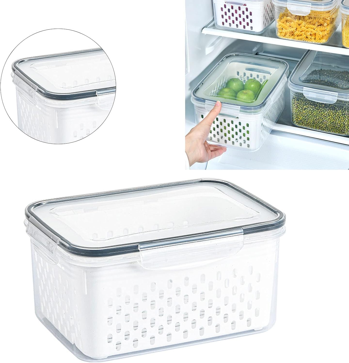 Fruit Storage Container for Fridge, Vegetable Produce Storage Saver Containers with Lid for Refigerator, Food Storage Containers with Colander, Plastic Fresh Keeper for Fruit Vegetable(1750ML)