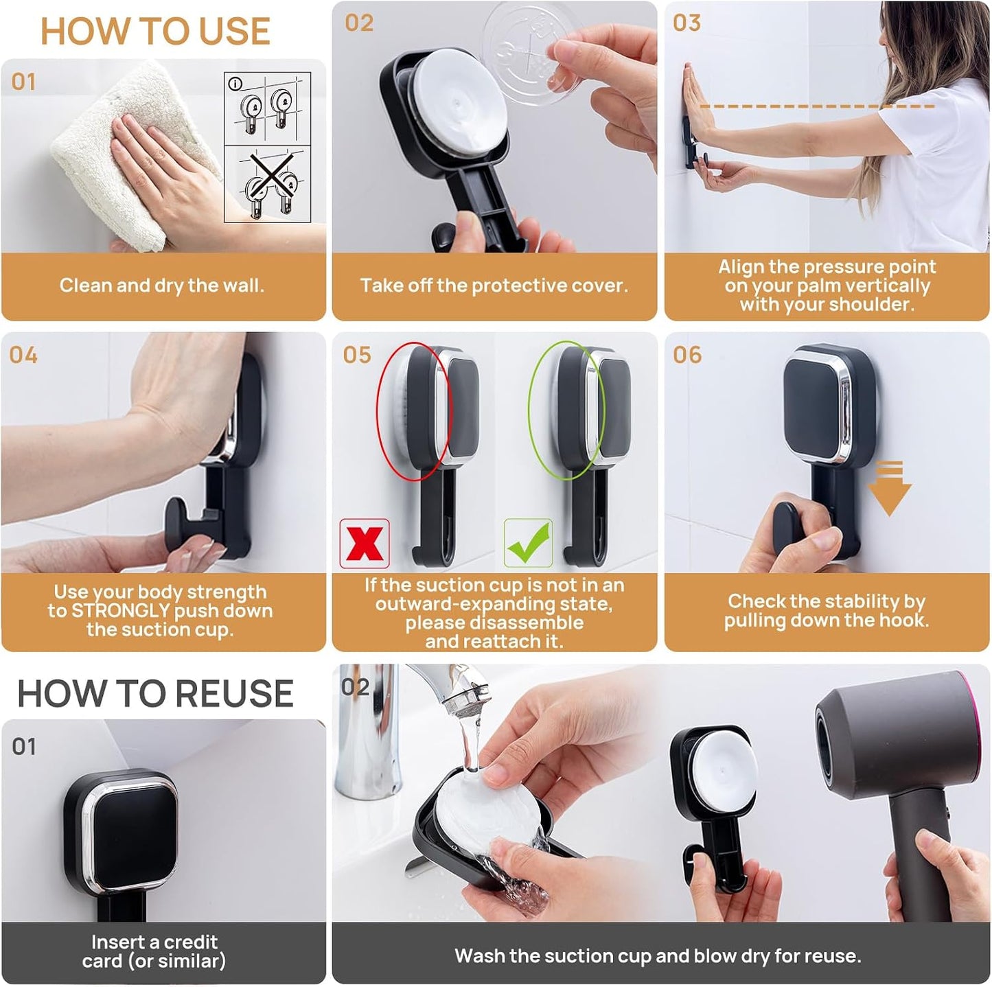 Razor Holder for Shower 2 Pack, Powerful Vacuum Suction Cup Hook for Towel, Loofah, Razor, Squeegee, Damage-Free Wall Shower Hook, Shaver Holder for Bathroom, Easy to Install and Reuse, Black