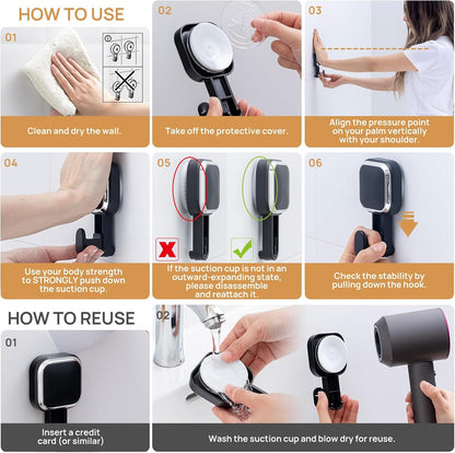 Razor Holder for Shower 2 Pack, Powerful Vacuum Suction Cup Hook for Towel, Loofah, Razor, Squeegee, Damage-Free Wall Shower Hook, Shaver Holder for Bathroom, Easy to Install and Reuse, Black
