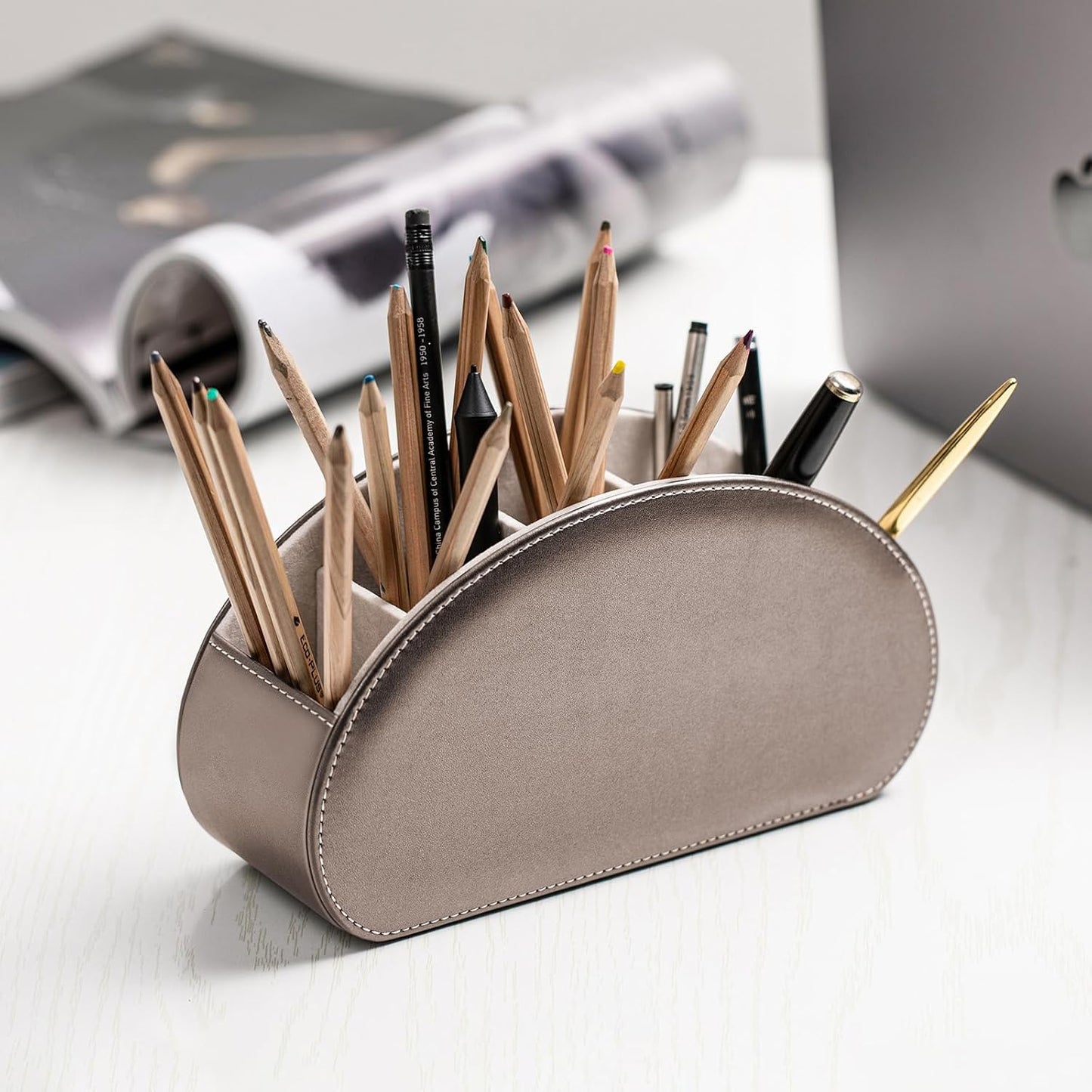 Remote Control Holders Organizer Box with 5 Compartment PU Leather Caddy | Multi-functional Office Desk Storage Caddy Store Tv Remote for Media Player,Brush,Pencil,Glassees&Office Supplies