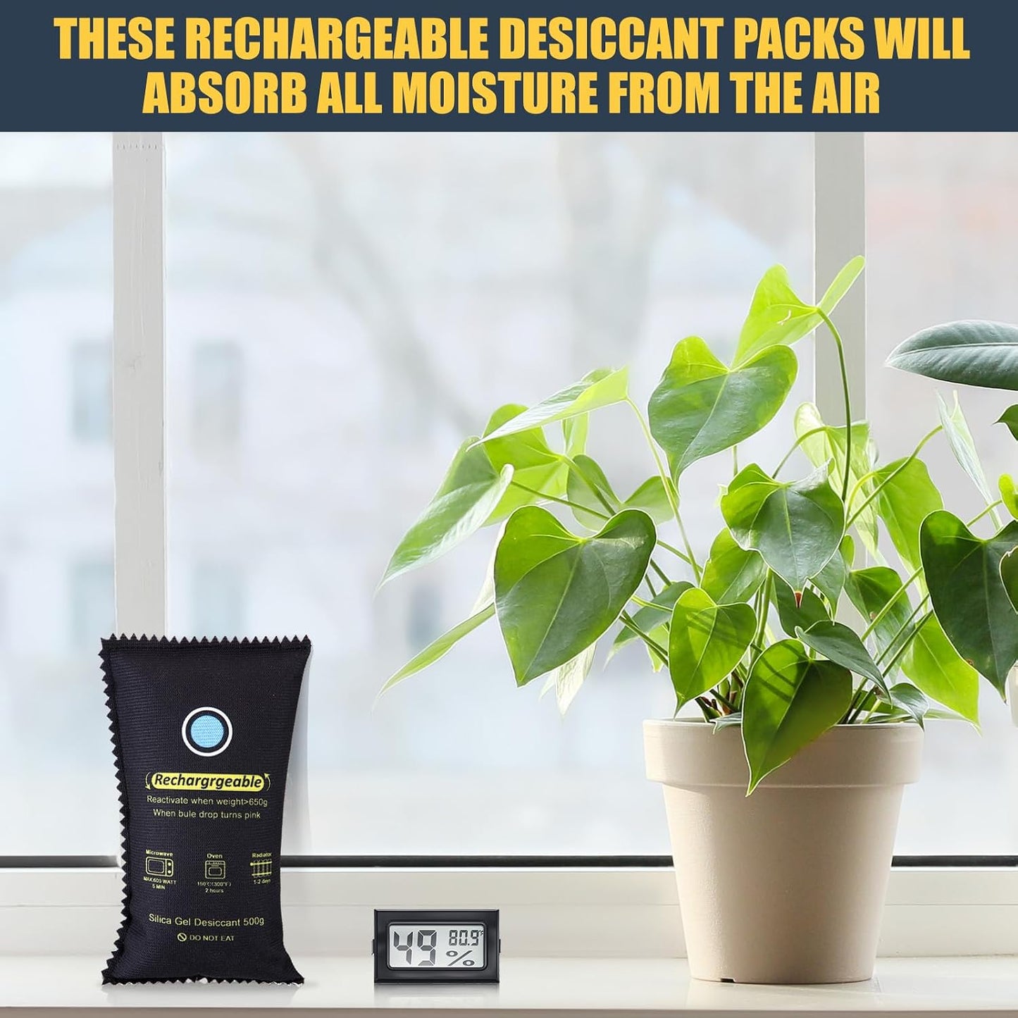 Tellegloww 8 Pcs 500 Grams Rechargeable Silica Gel Desiccant Packets with Mini Digital LCD Hygrometer Thermometers Dehumidifier Bag for Gun Safe Closet Basement Car Storage Clothes Moisture Absorber