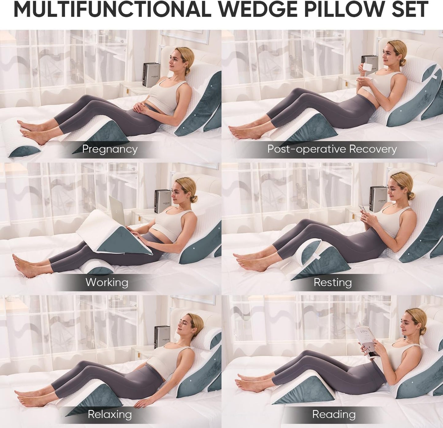 OAISZ 4PCS Wedge Pillow Set for After Surgery, Adjustable Bed Wedges, Gery | Back and Leg Support, Acid Reflux Relief, Post Surgery Recovery, Leg Elevation, Memory Foam, Bed Wedge Pillow for Sleeping