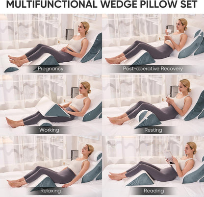 OAISZ 4PCS Wedge Pillow Set for After Surgery, Adjustable Bed Wedges, Gery | Back and Leg Support, Acid Reflux Relief, Post Surgery Recovery, Leg Elevation, Memory Foam, Bed Wedge Pillow for Sleeping
